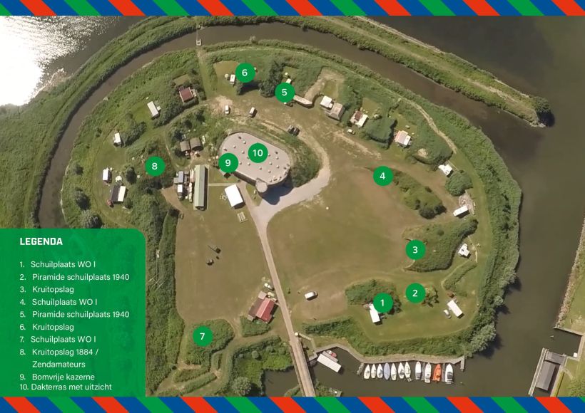 Plattegrond van Fort Buitensluis met de tien genummerde punten op het terrein