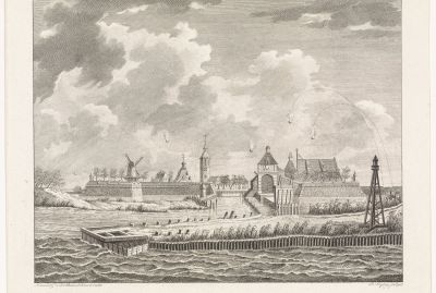 Prent uit 1793: gezicht op Willemstad vanaf de Buitensluis tijdens de beschieting (Rijksmuseum)